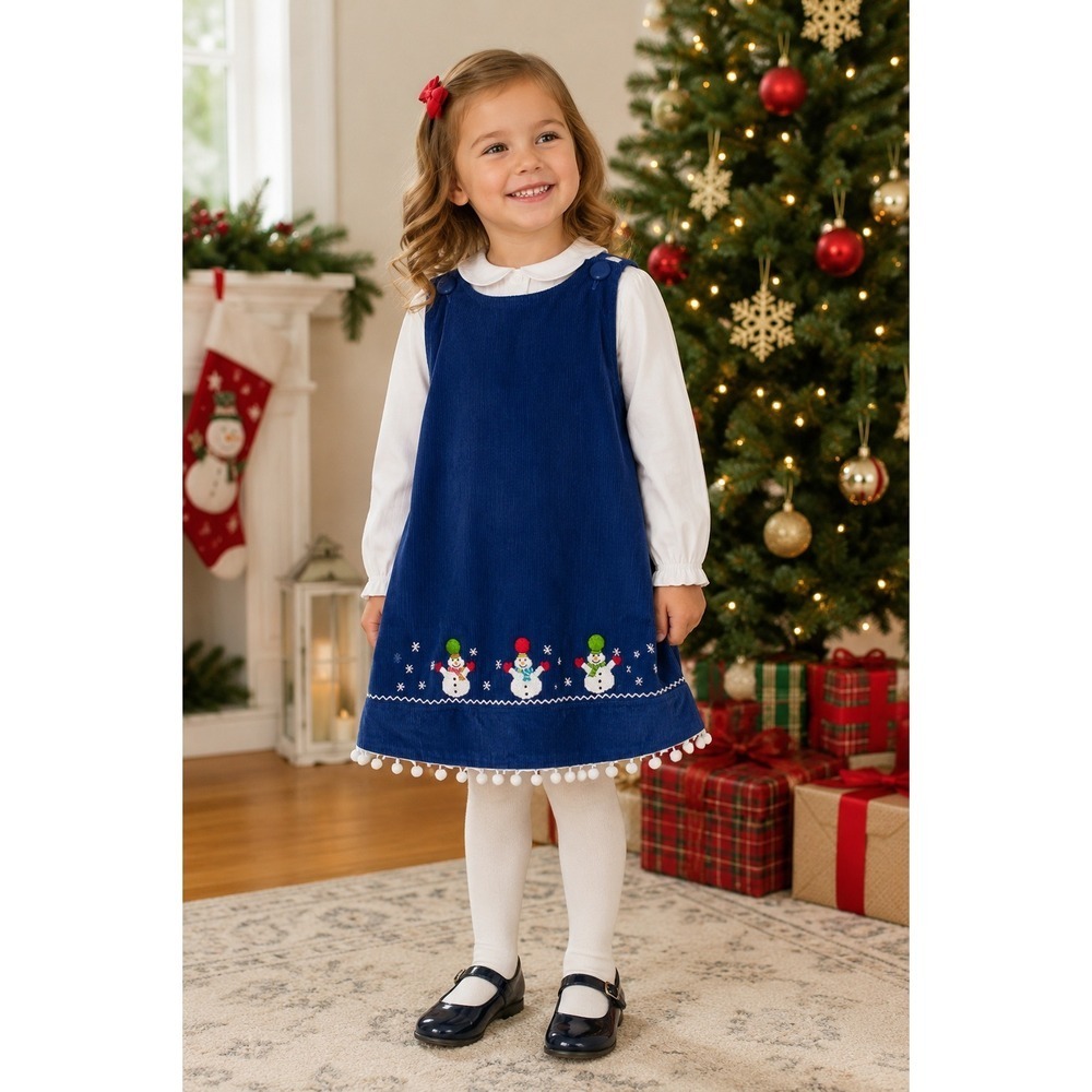 Zuccini Girls 4T Blue Corduroy Christmas Dress Snowman Embroidered Boutique